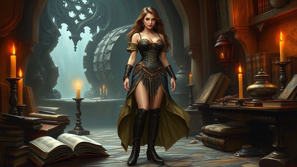 Confident Fantasy Maiden in Medieval Attire, Surrounded by M...