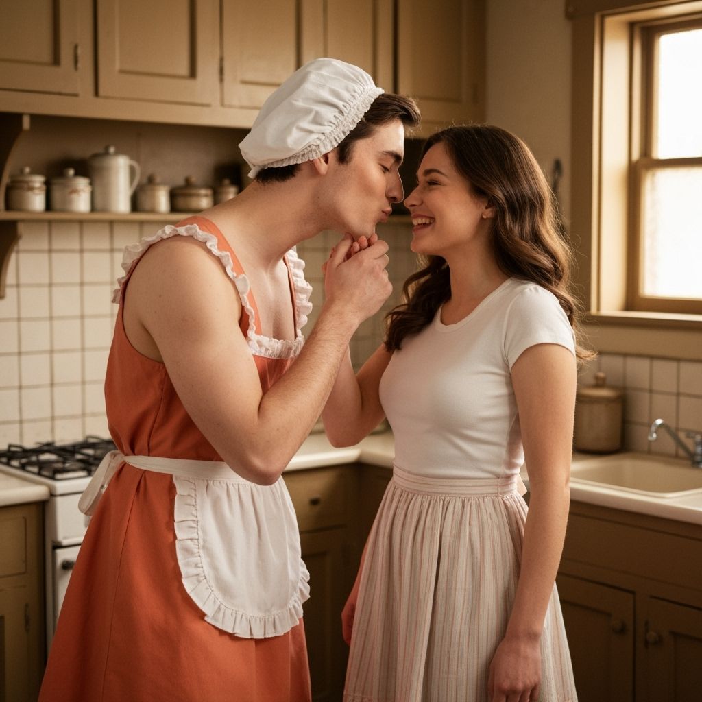 Crossdressing Young Man in Frilly Apron Kissing Woman in Old...