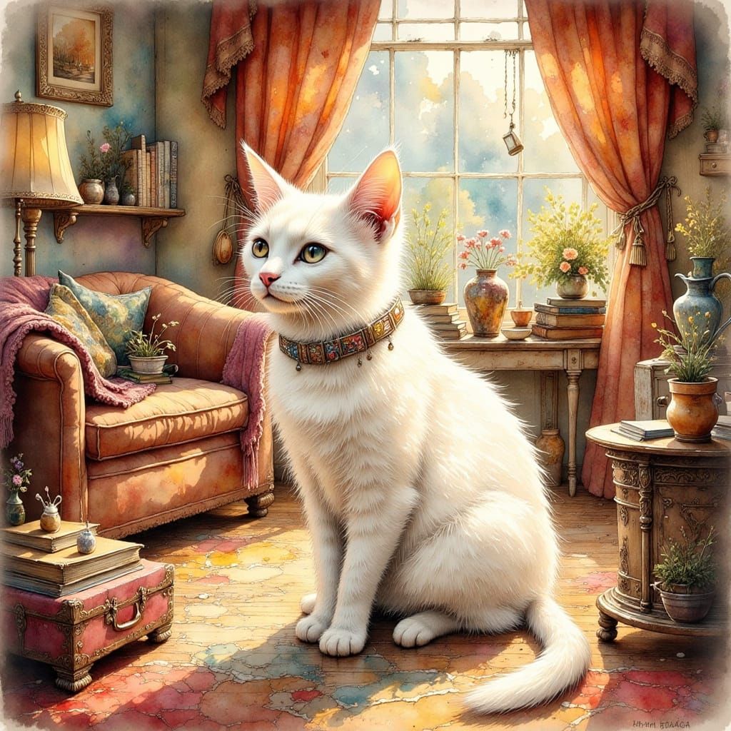 White Cat Explores New Home: Ink Art