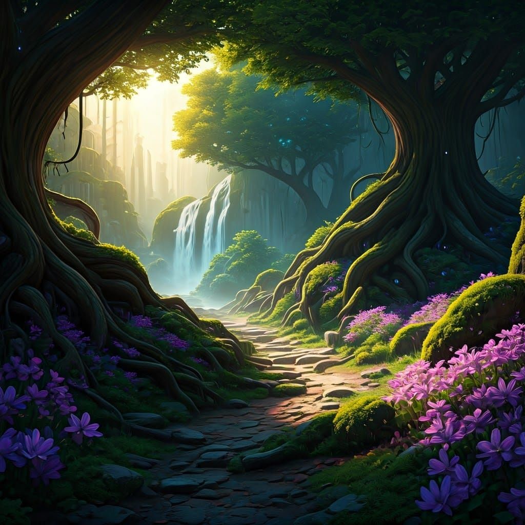 Mystical Forest at Dusk in Matte Painting Style