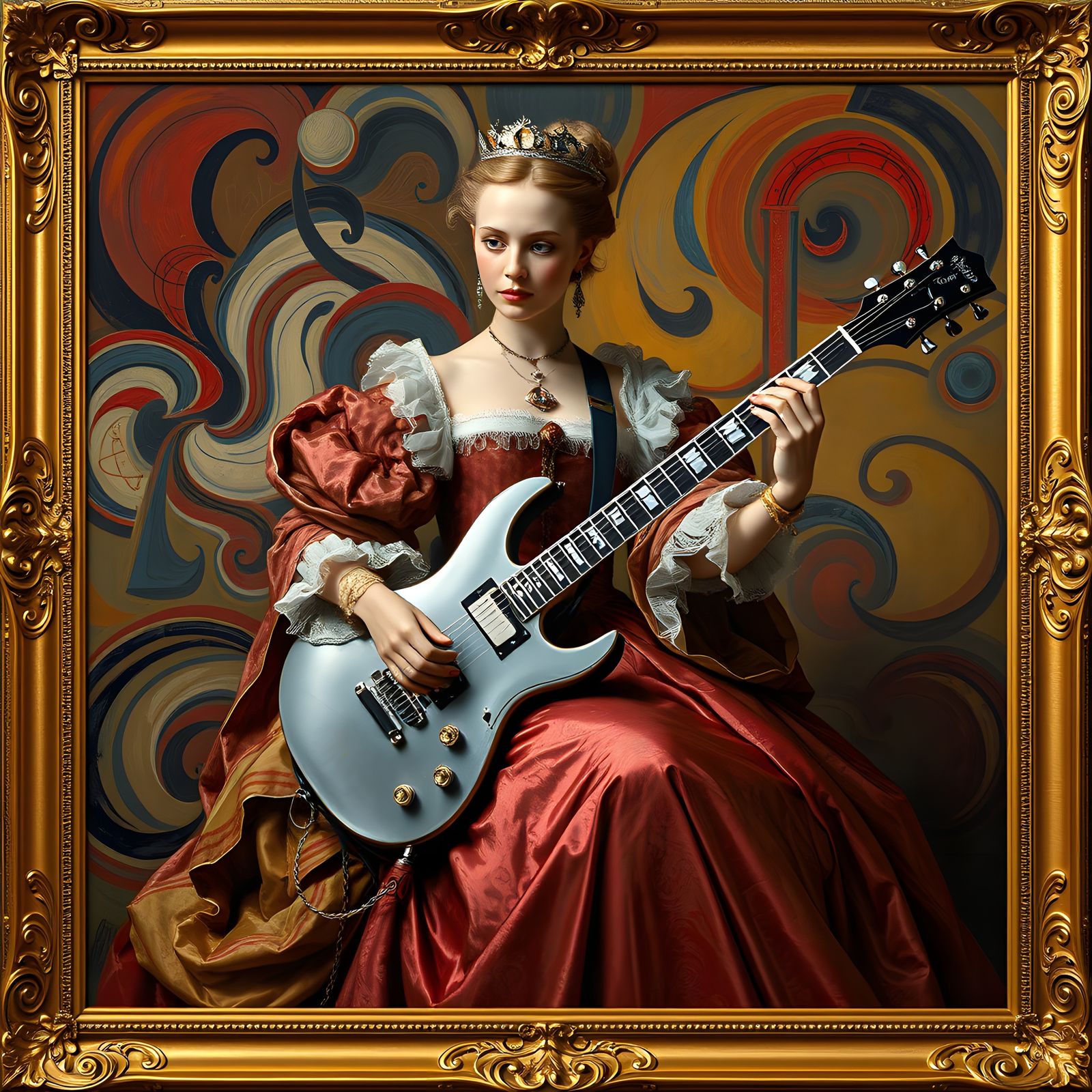 Renaissance Duchess Plays Electric Guitar in Gilded Frame
