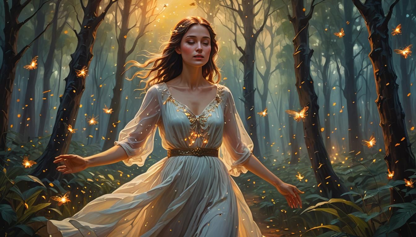 Woman in Mystical Forest: Triadic Colors Oil Painting