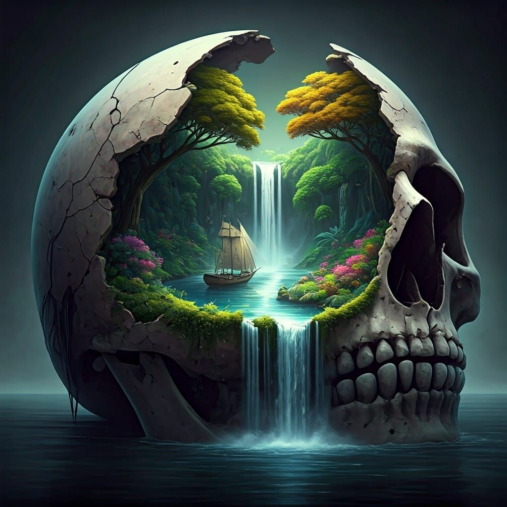 Surreal Oasis Inside Cracked Skull, Digital Art