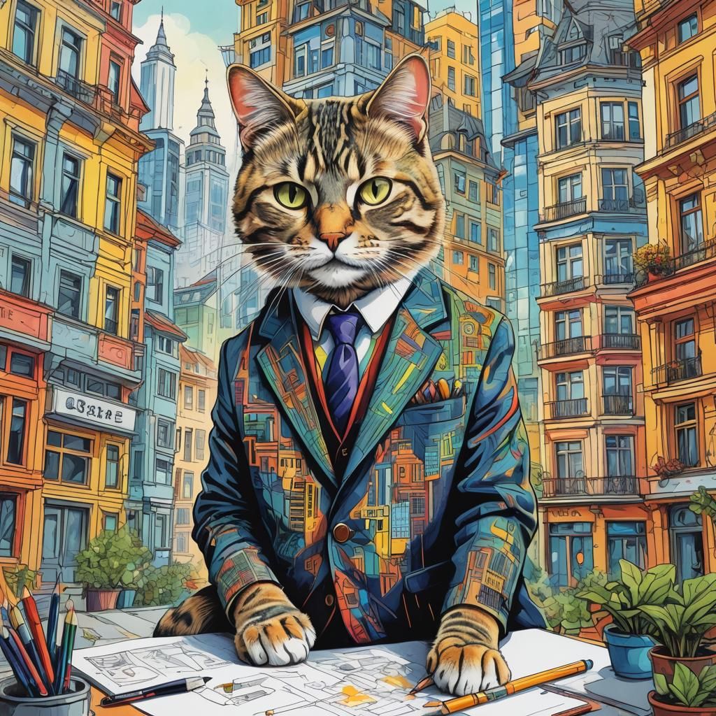 Cat Architect Drawing Building with Colourful Graphics