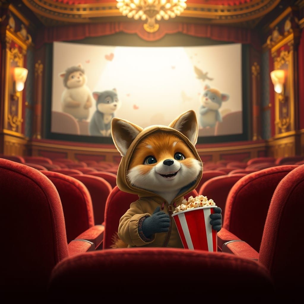 Baby Fox in Movie Theater, Whimsical Digital Art