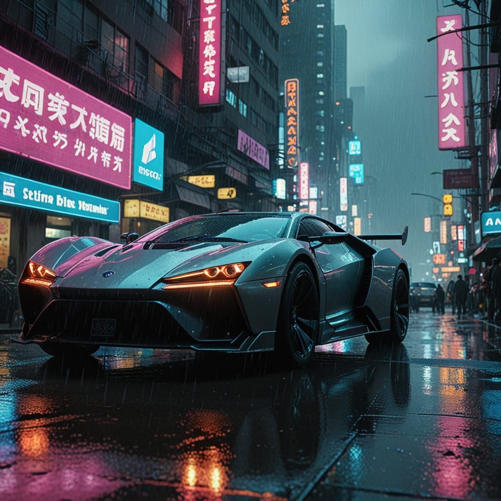 A futuristic cyberpunk city at night, neon-lit skyscrapers w...