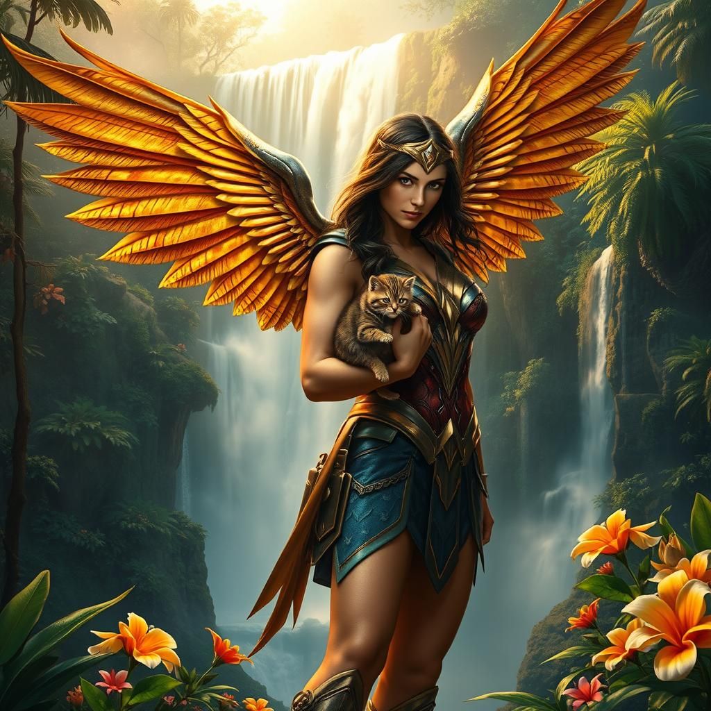 Wonder Woman with Golden Wings and Kitten