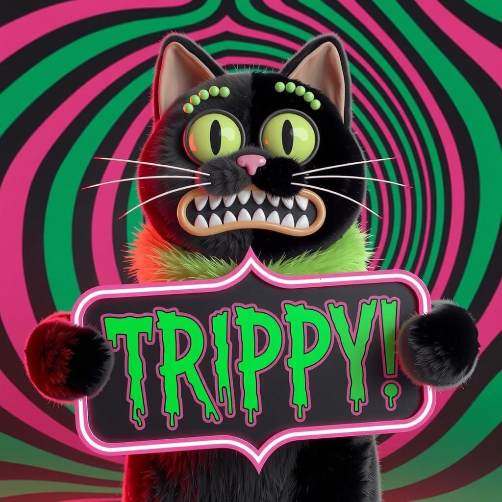 A goofy, frightened 3D rendered fuzzy plushie black cat with...