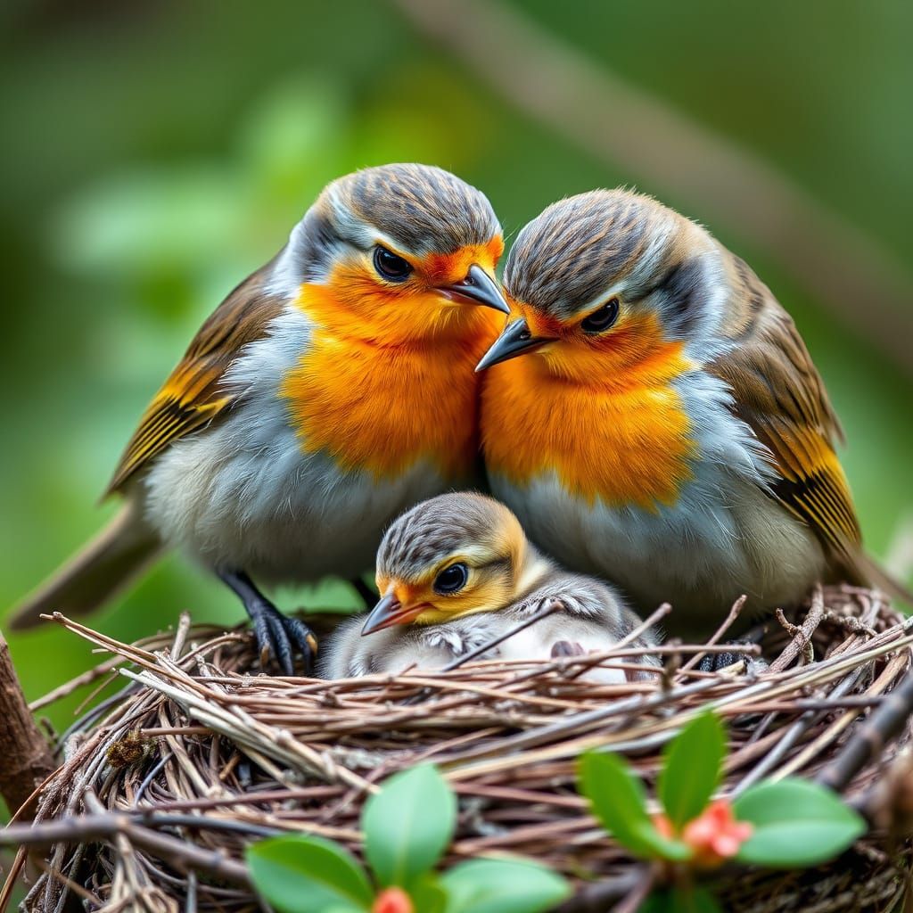 Robins with Nestling