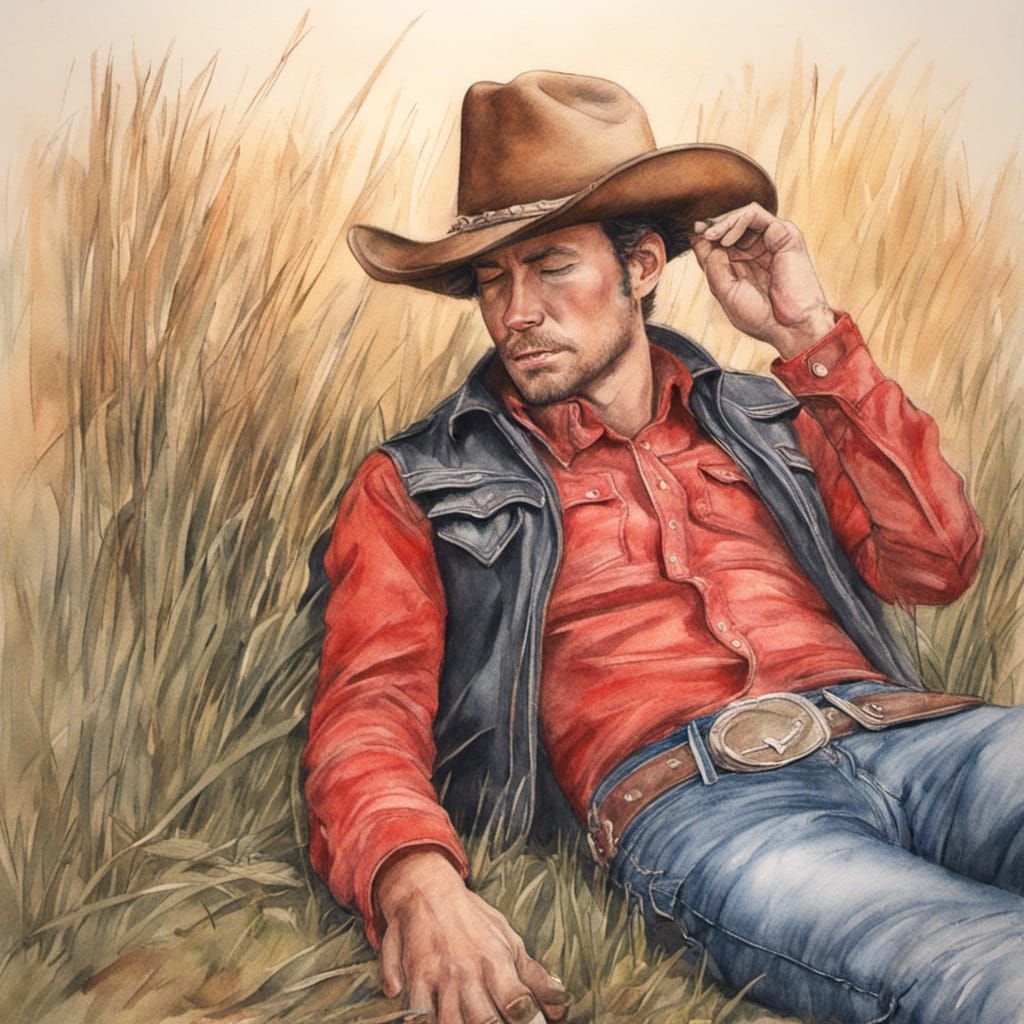 Cowboy Snoozing in the Wild West: Watercolor Art