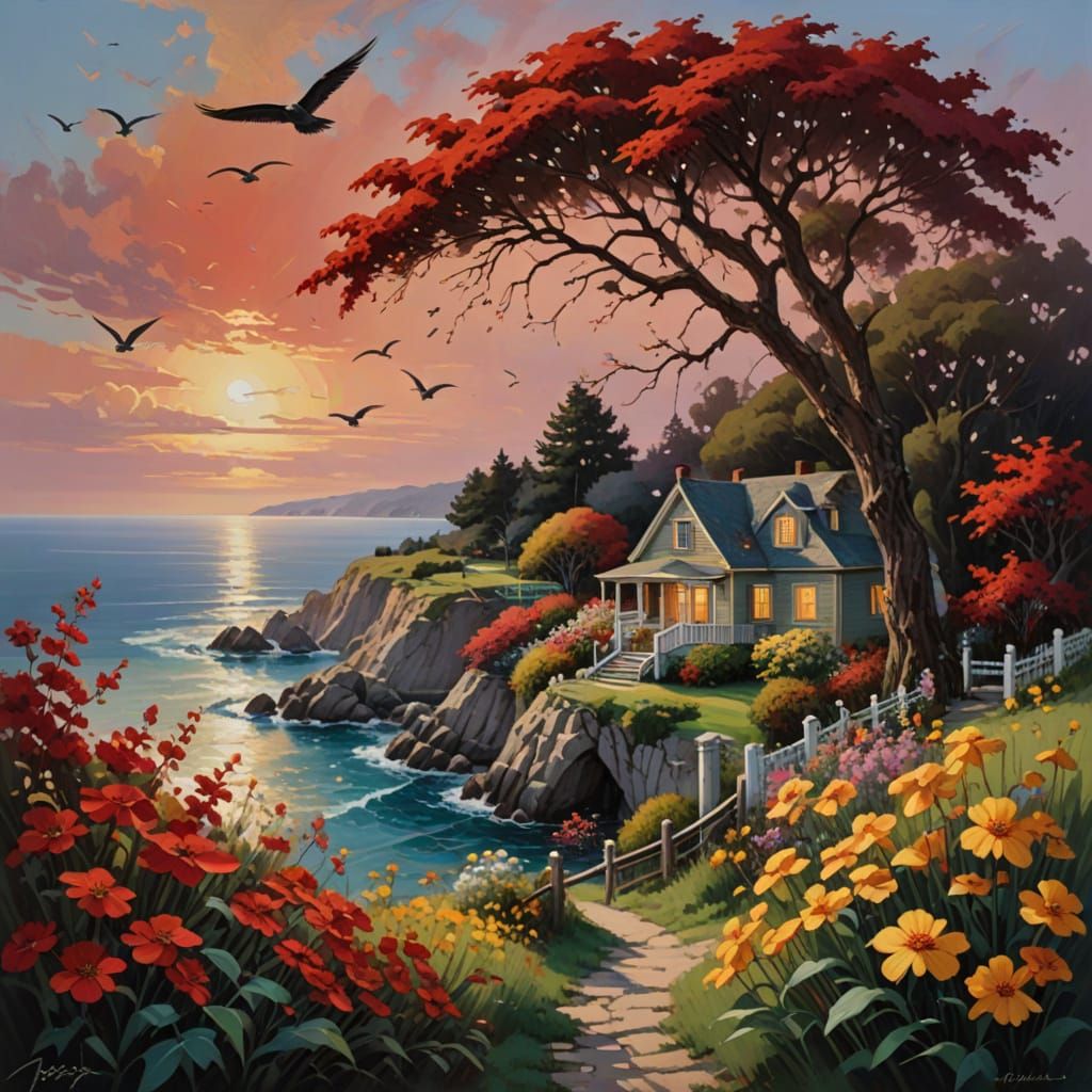 Impressionist Coastal Scene with Bridge and Blooming Flowers