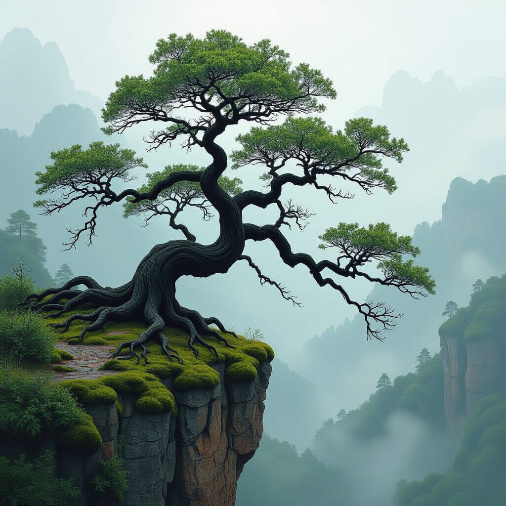 Gnarled Tree with Exposed Roots on Cliffside