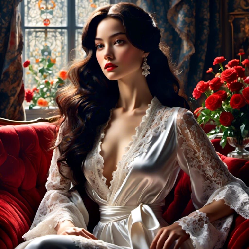 Elegant Noir Portrait of Woman in Lace Robe