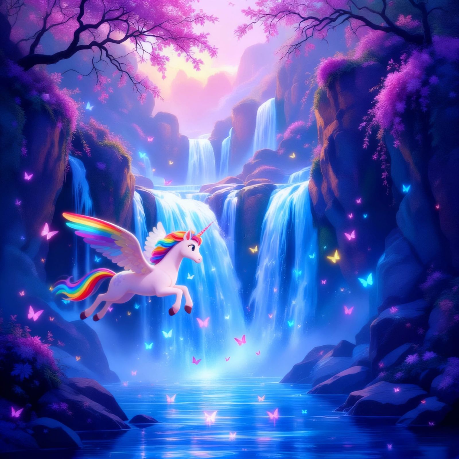 Rainbow Alicorn Soars Before Majestic Waterfall