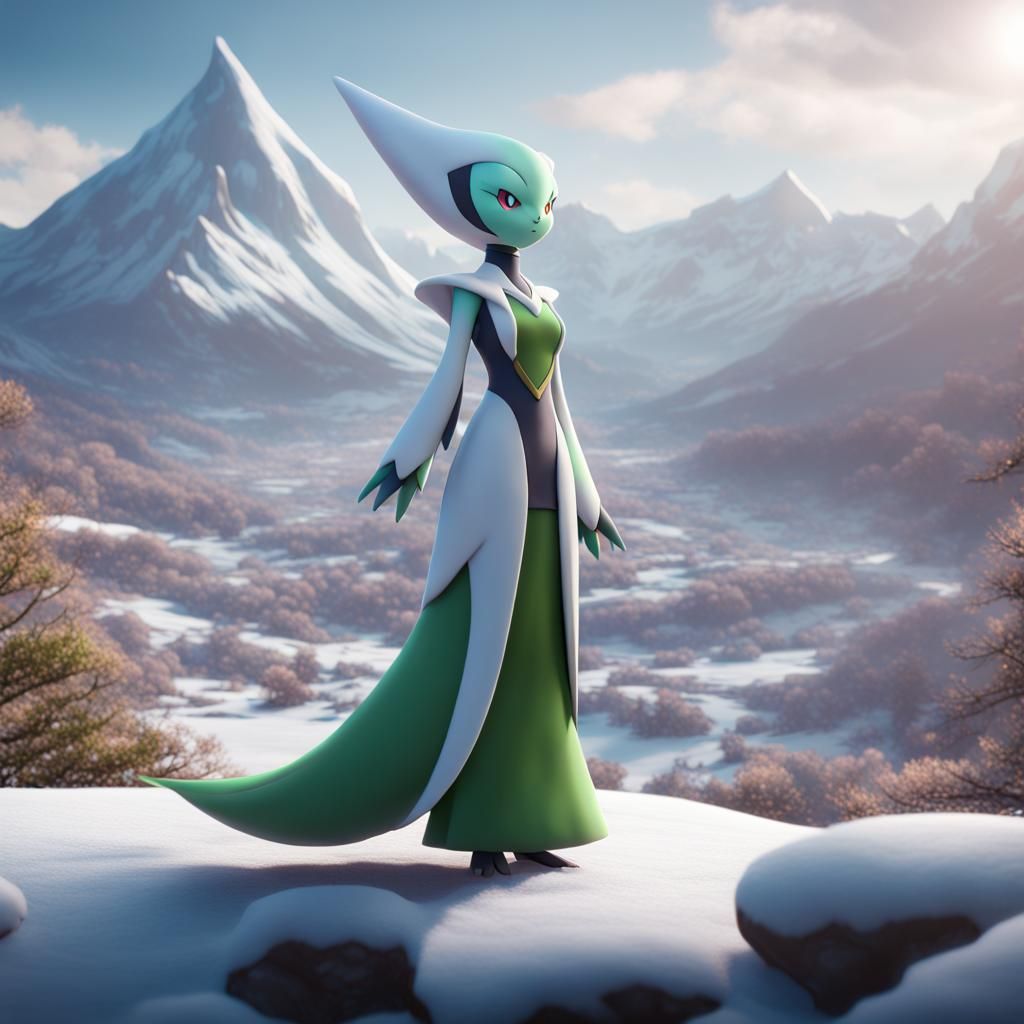 Gardevoir Pokémon in Snowy Valley, Detailed Matte Painting