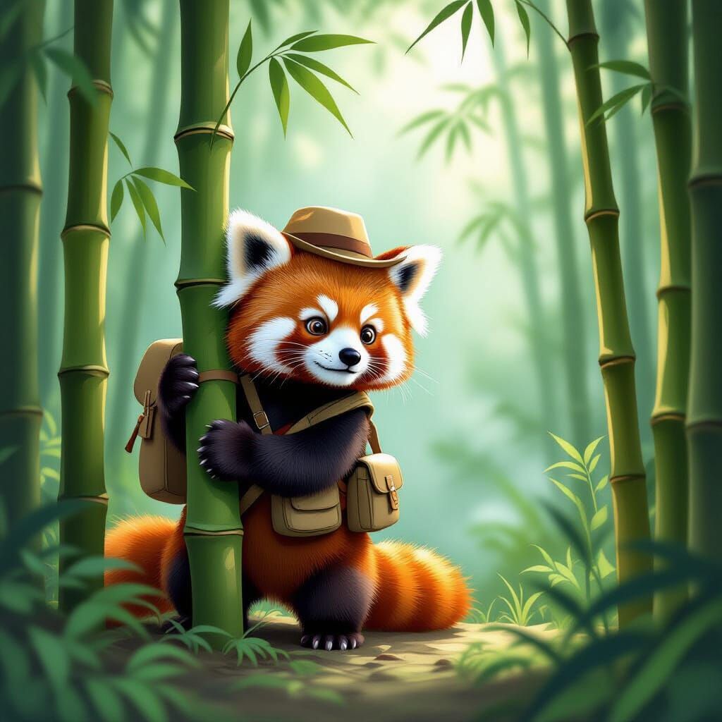 Red Panda Explorer in Misty Bamboo Forest