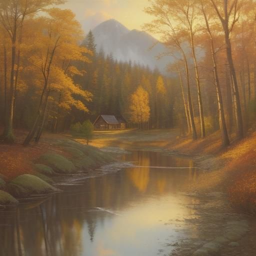 Autumn Cabin Landscape in Bierstadt Style
