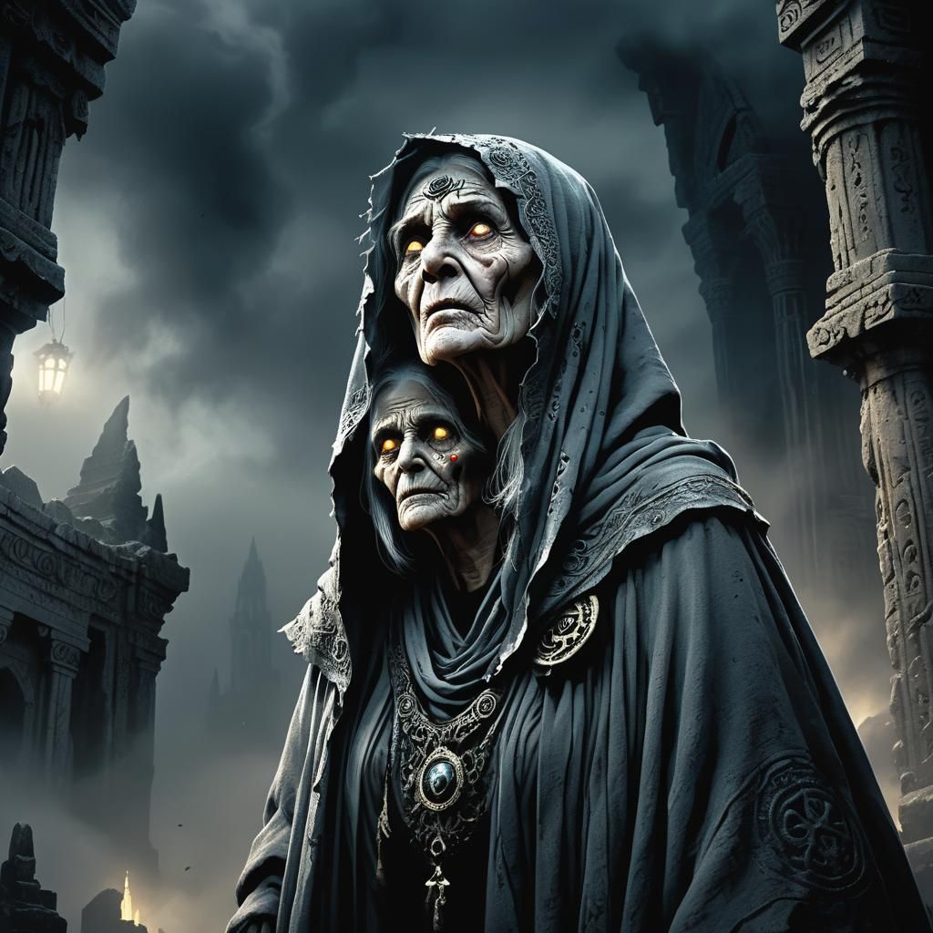 Eerie Dark Fantasy Woman at Ancient Temple