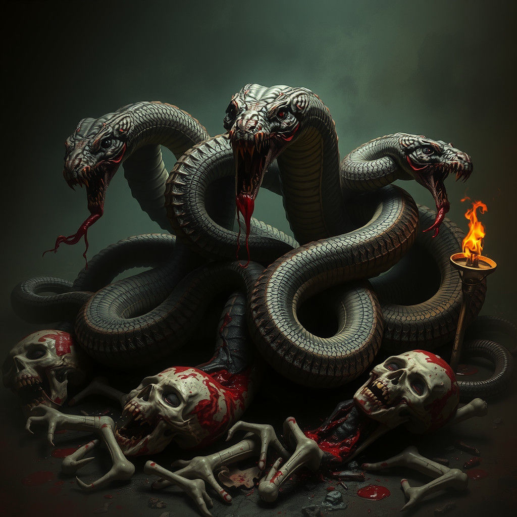 Grotesque Serpents in Macabre Landscape