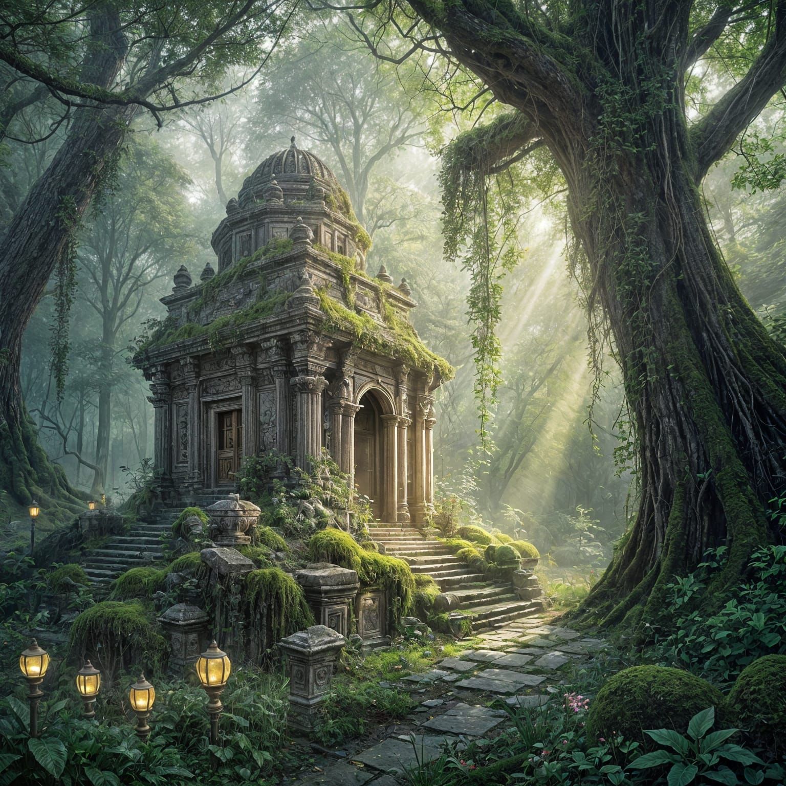 Misty Forest Temple with Ethereal Light