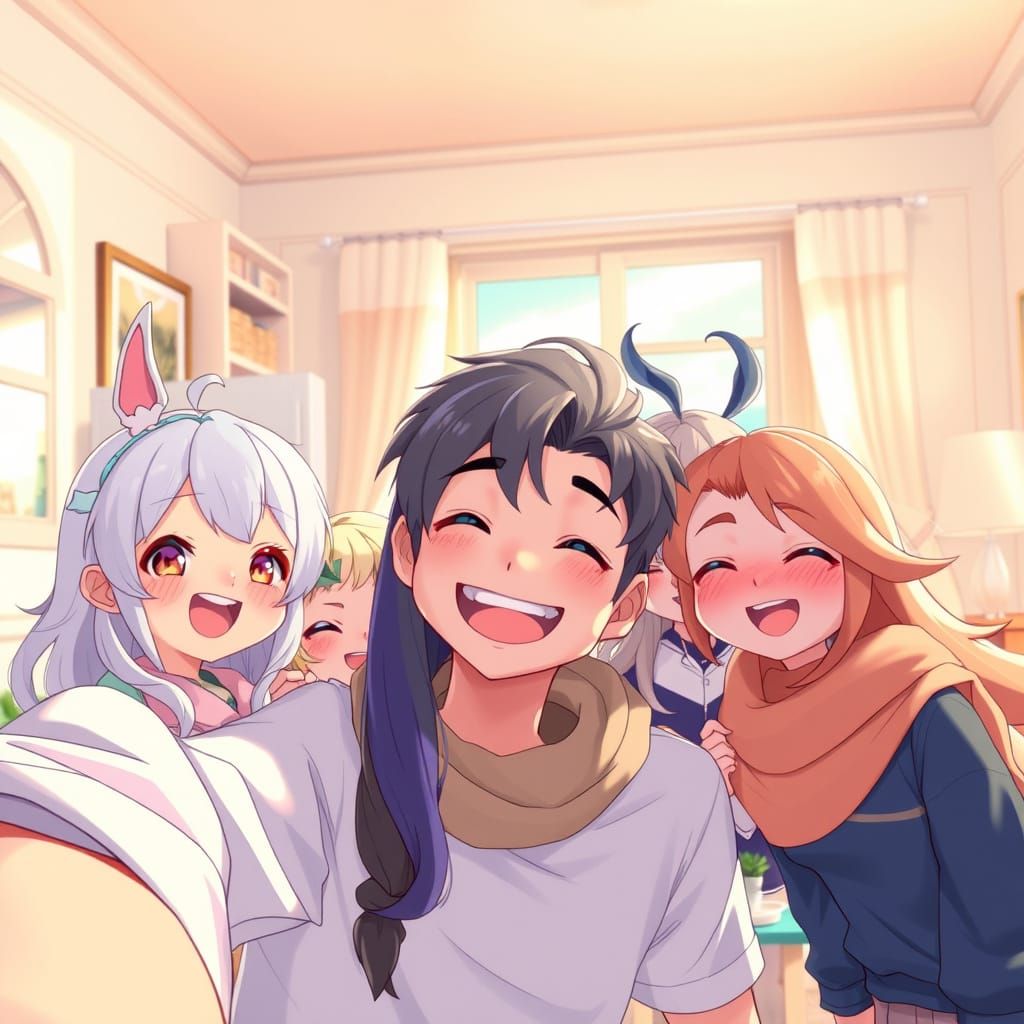 Joyful Selfie with Animated Characters in Cozy Room