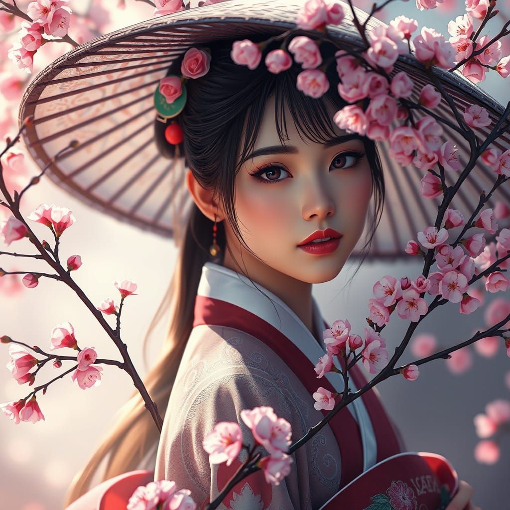 Traditional Korean Girl with Plum Branches in Vibrant Colors