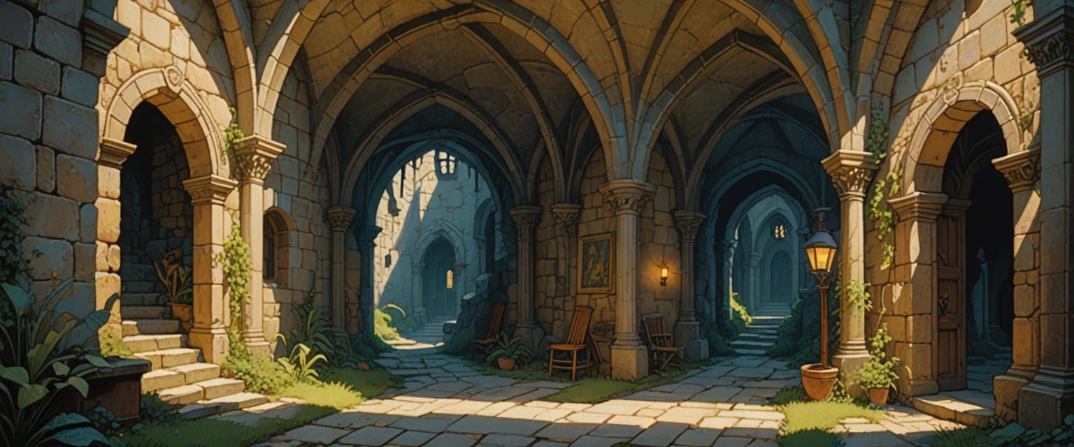 Mysterious Dungeon Passageway with Sunlight, Watercolor Styl...