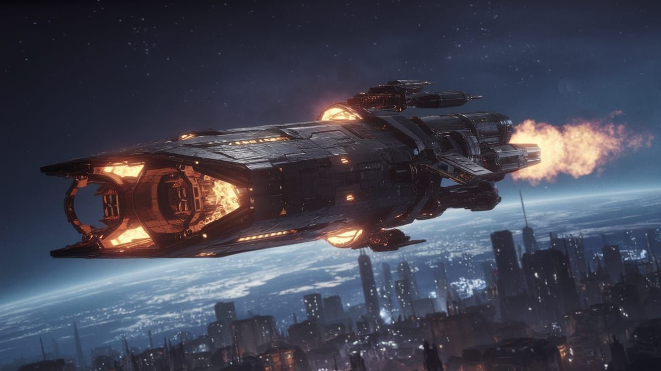 Battle Damaged Spacecraft Soars Over Alien Metropolis