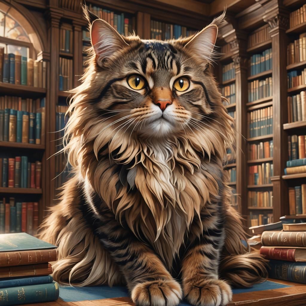 Tabby Cat Portrait in Library, Detailed Concept Art