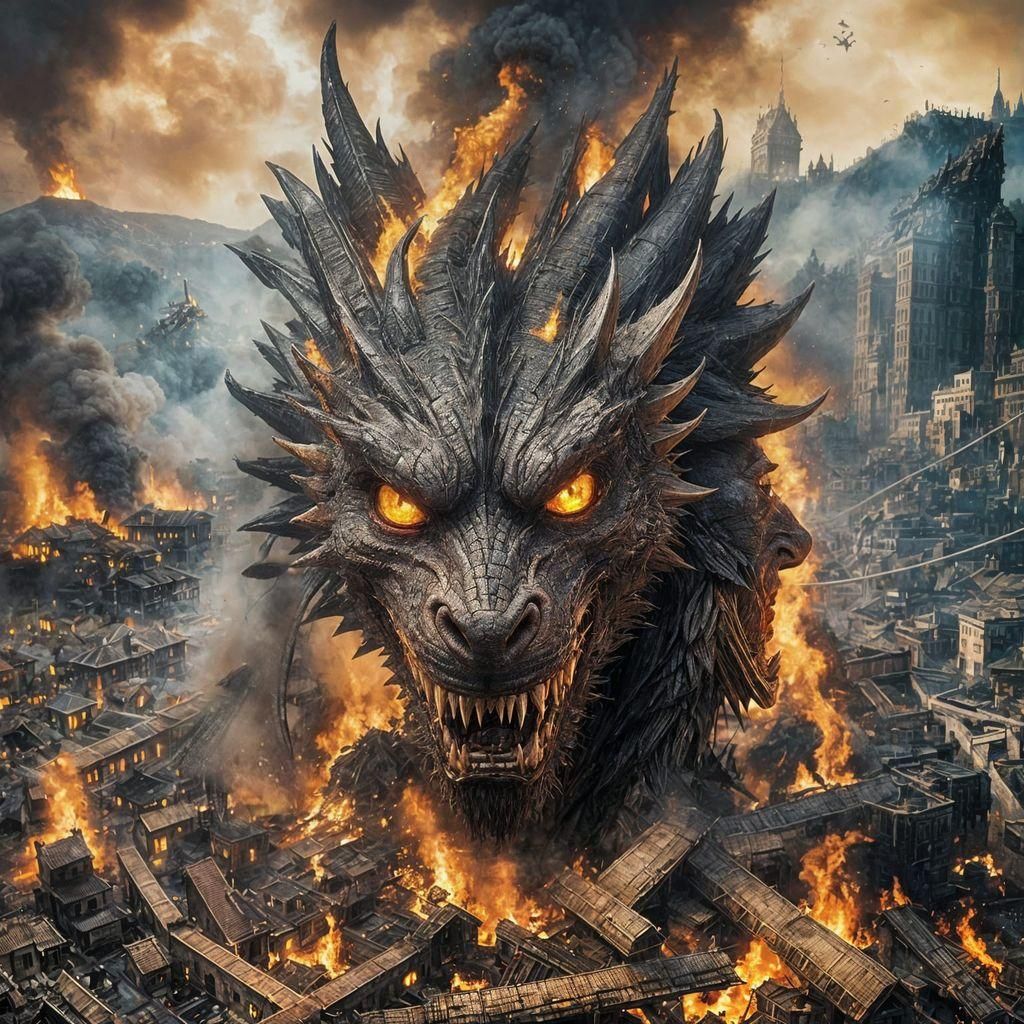 Dragon's Shadow: Village Ablaze in Double Exposure