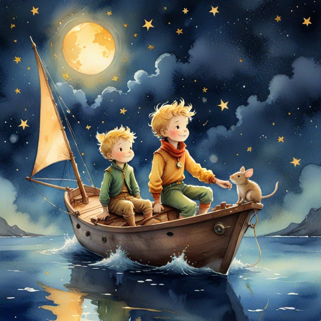 Little Prince's Yacht Adventure: Whimsical Watercolor Fantas...