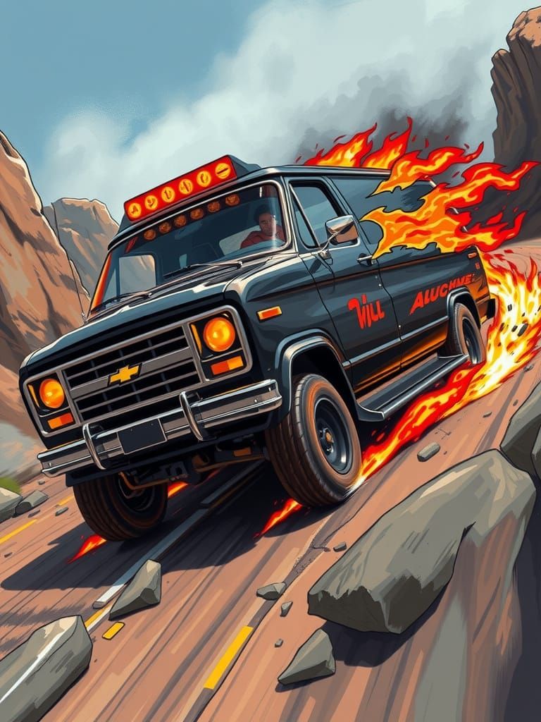 Mean 1980s Chevy Bedford Van Speeds Down a Broken Road