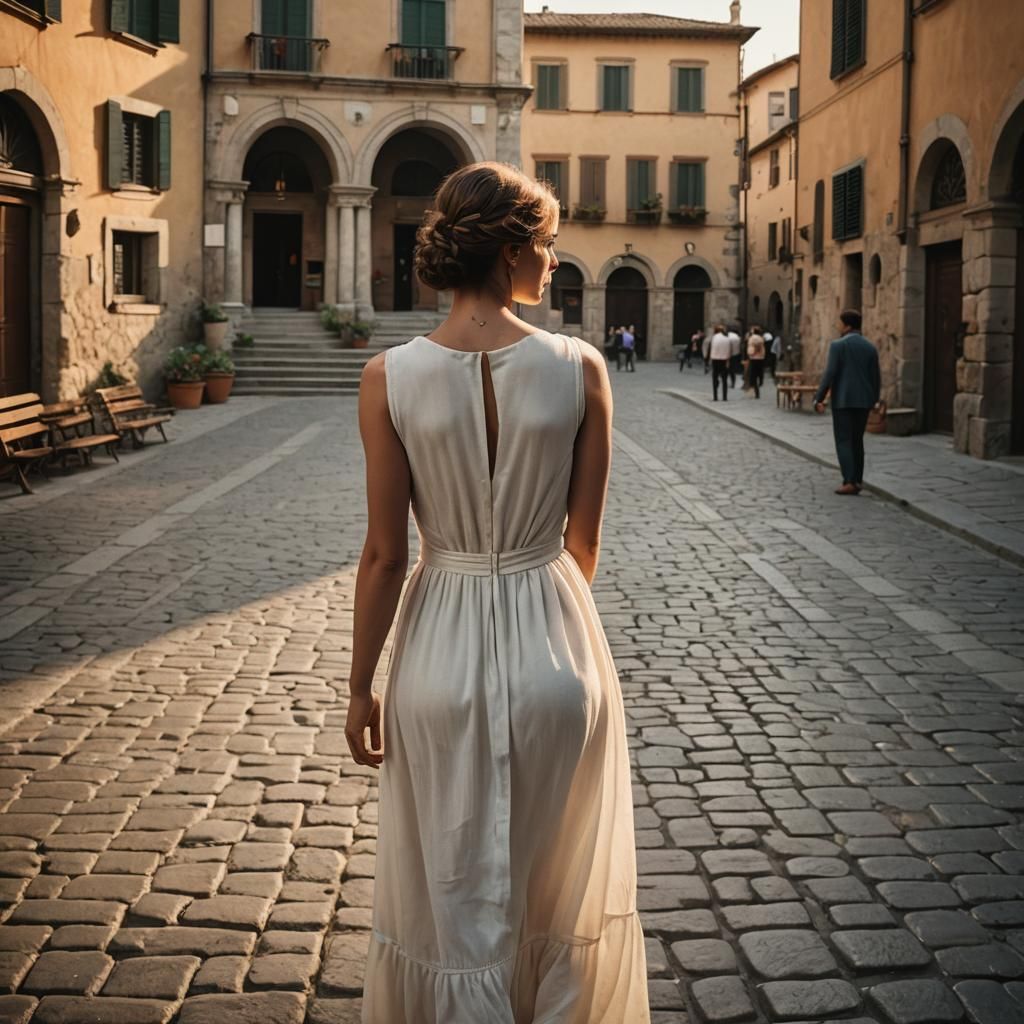 Woman in White Dress in Italian Piazza