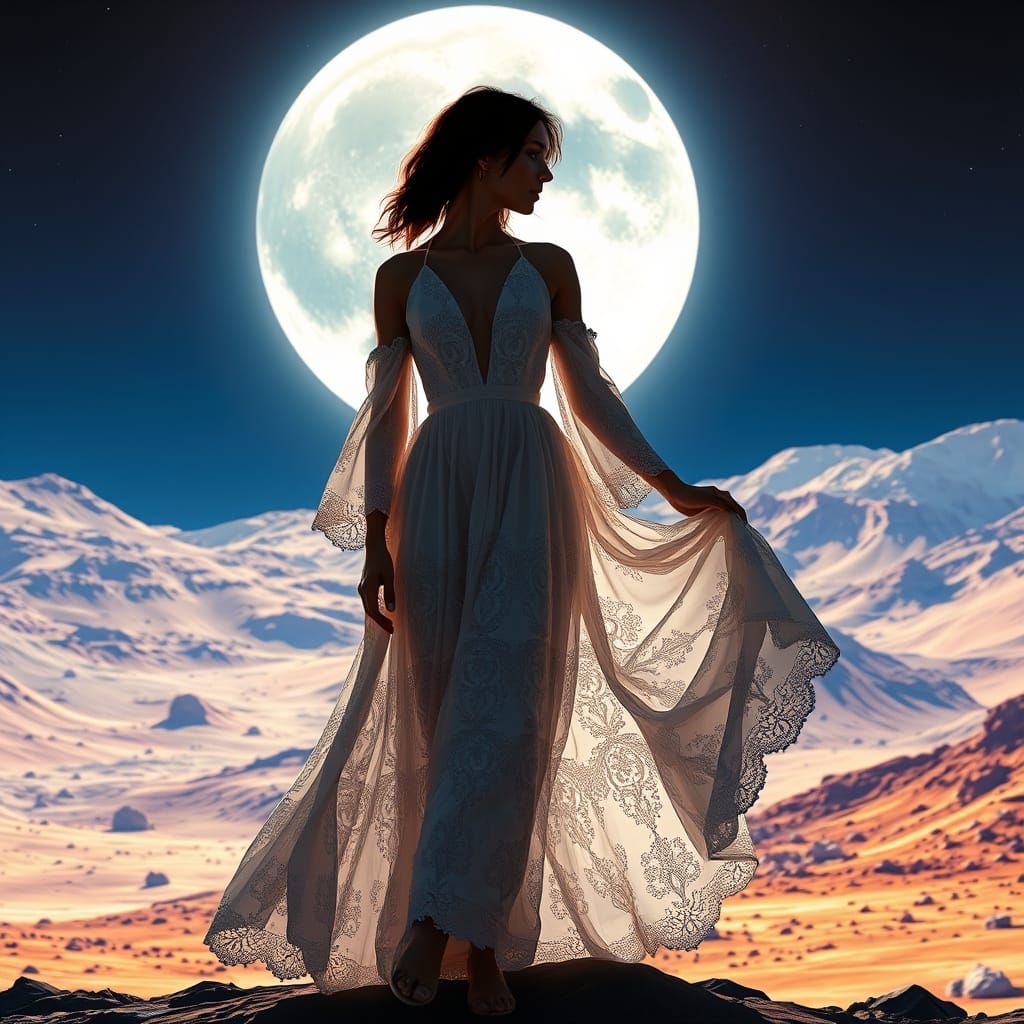 Ethereal Lunar Heroine in Exotic Moonscape