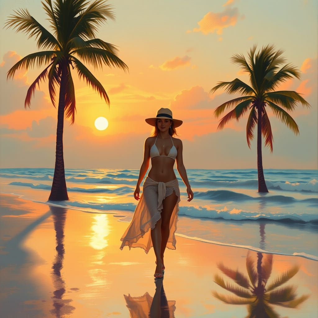 Sunset Beach Stroll in Impressionist Style