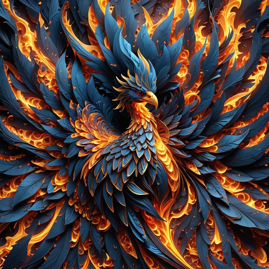 Origami Phoenix Reborn in Blue Flames: Vector Fractal Art