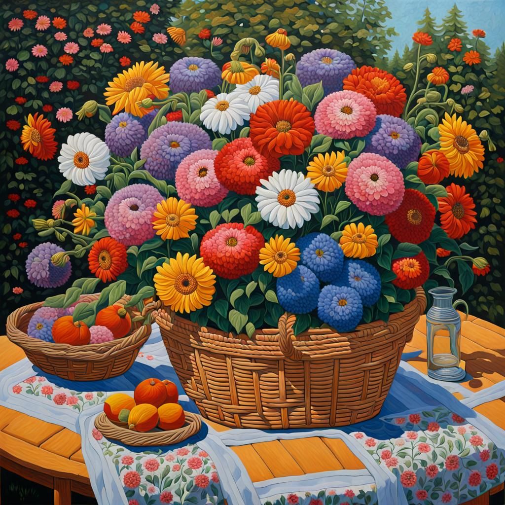 Colorful Flowers in Garden, Folk Art Style