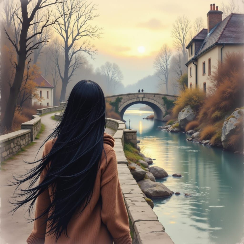 Dreamy Winter Landscape with Woman by River