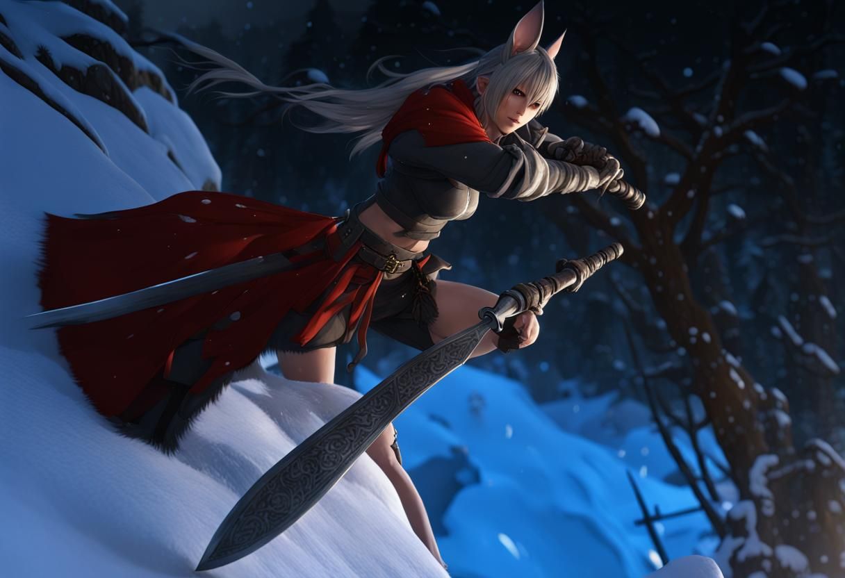 Final Fantasy 14 Viera Warrior in Snowy Landscape