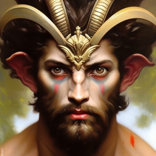 Greek Faun Portrait in Hyperdetailed Mixed Media Style