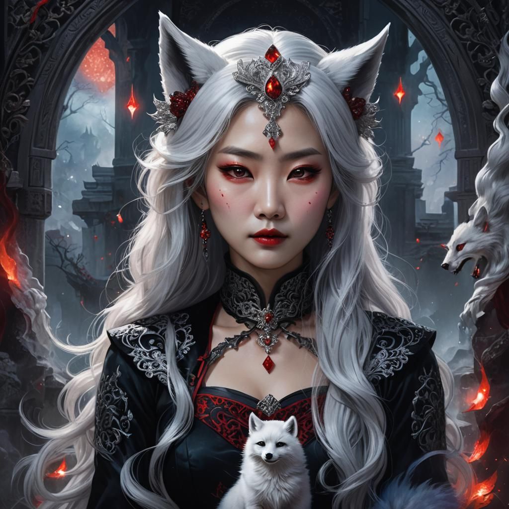Korean Vampire Queen with Fox Ears in Dark Fantasy