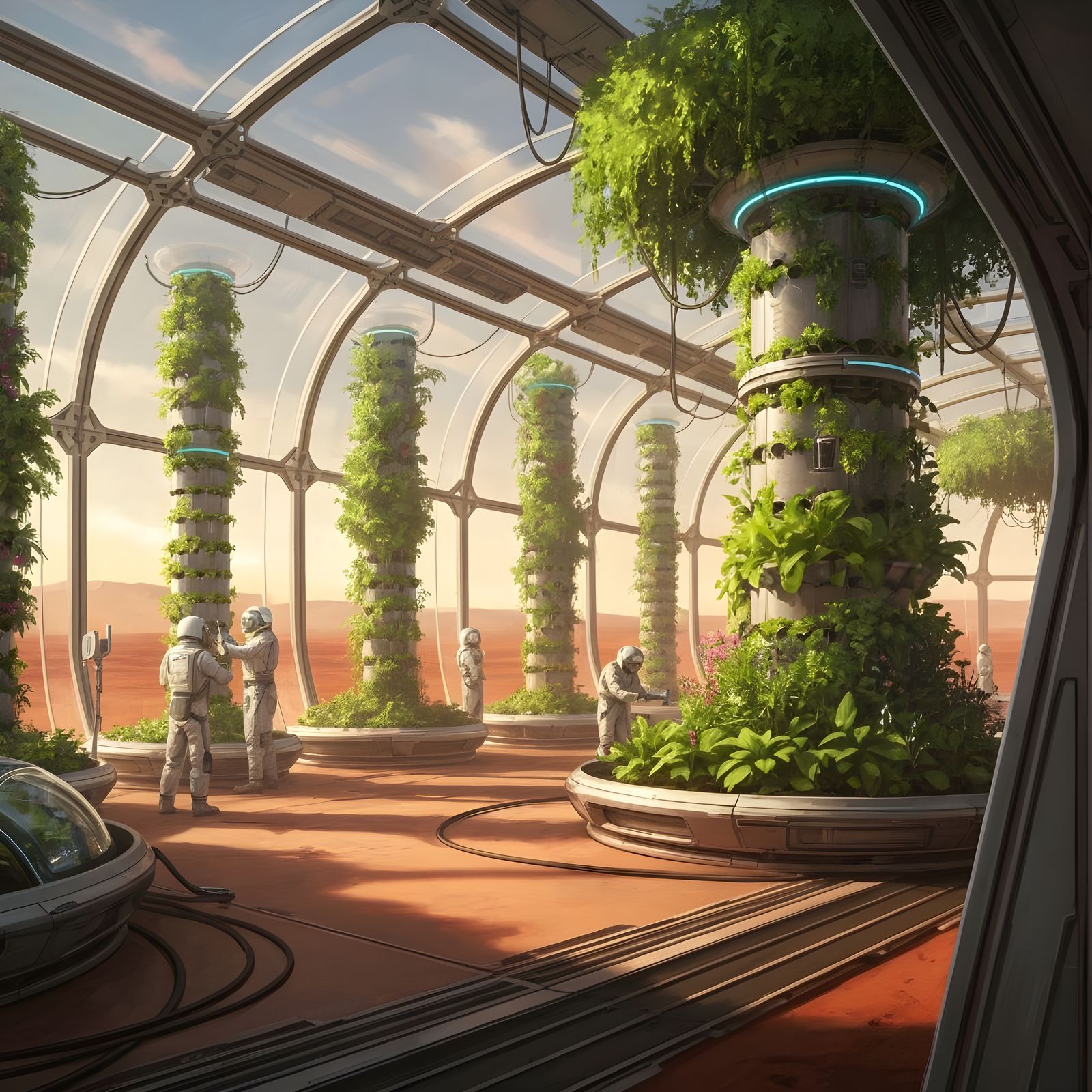 Mars Biodome Colony: Lush Greenery and Astronauts