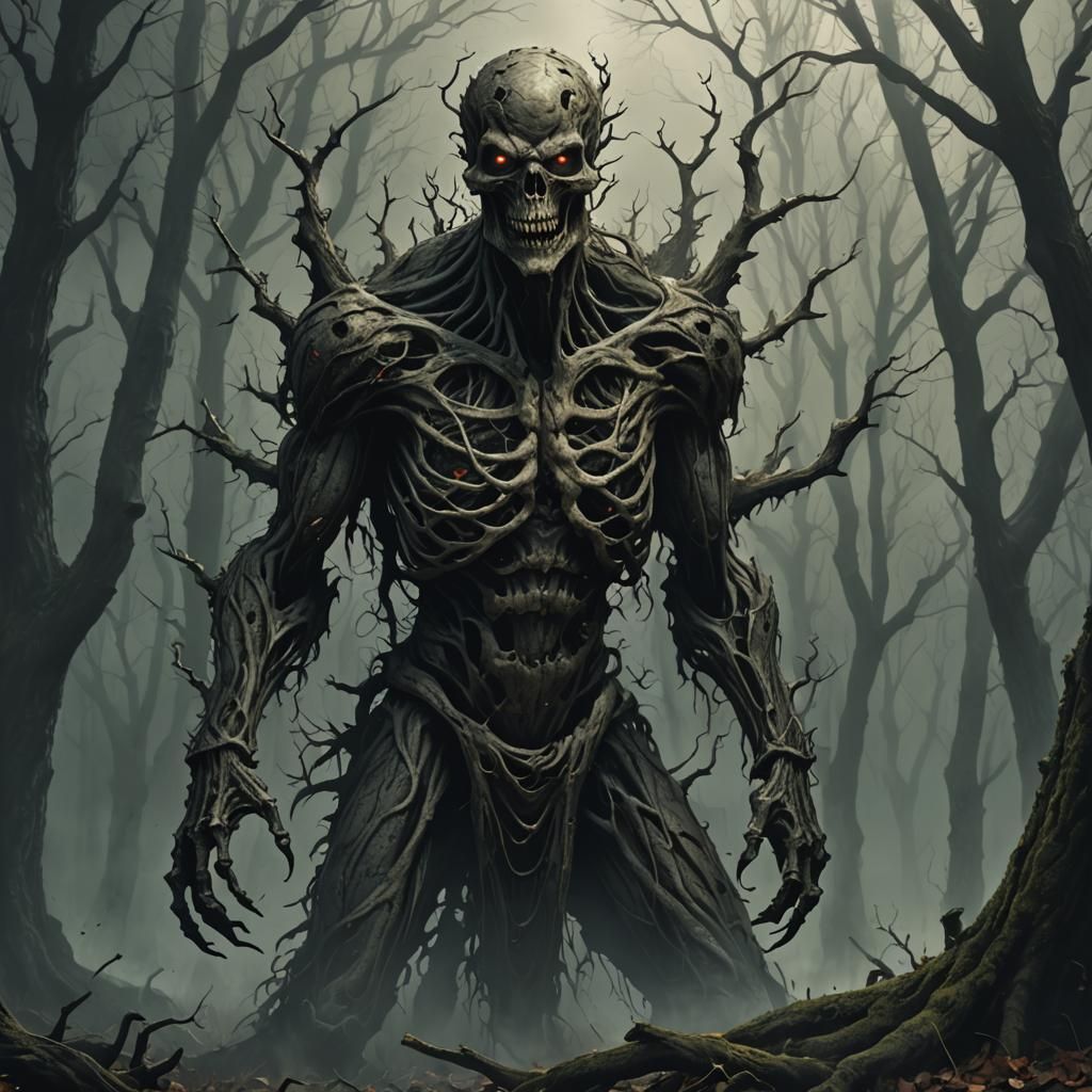 Macabre Creature in Scary Tree Forest