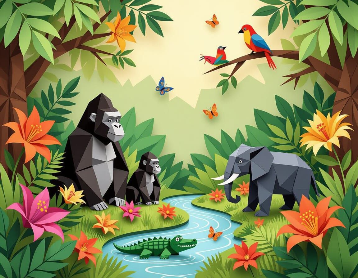 African Origami Jungle Paradise with Paper Wildlife