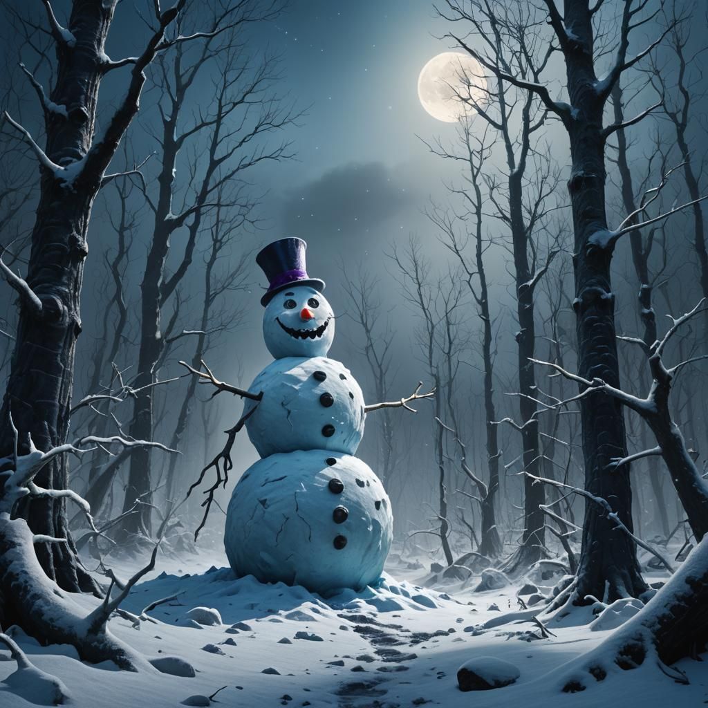 Spooky Snowman Screams in Moonlit Forest: Dark Fantasy