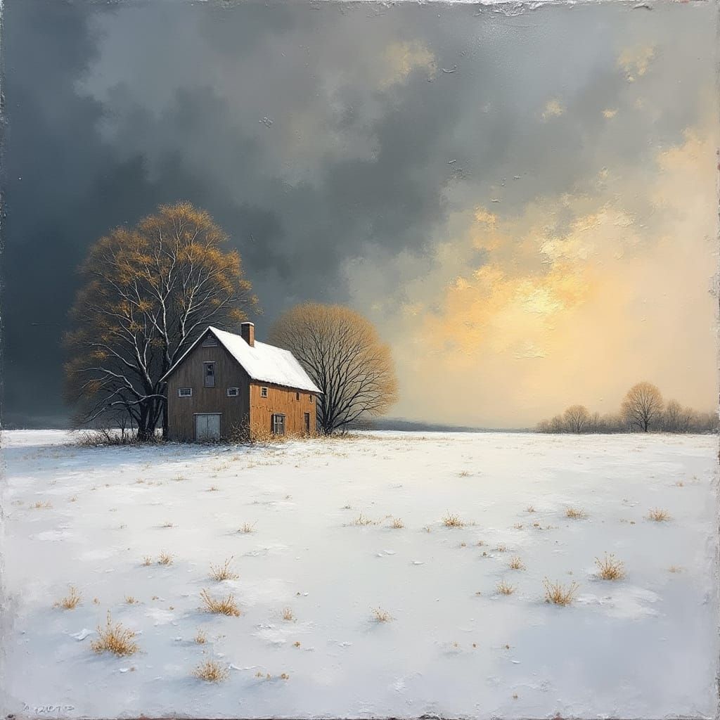 Surreal Farm Amidst Stormy Skies in Gold and Grey