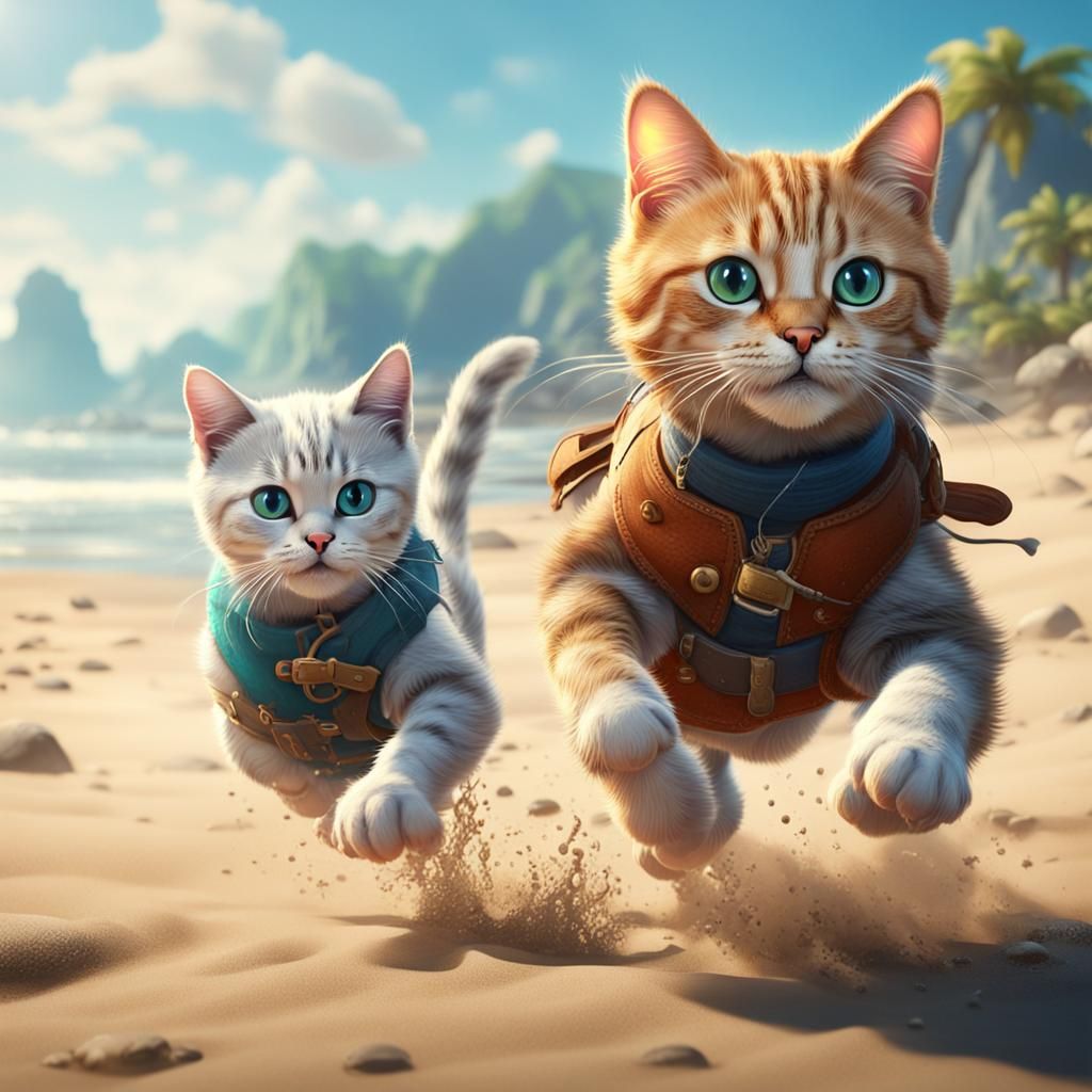 Cute Cat and Friend on Beach, Digital Painting