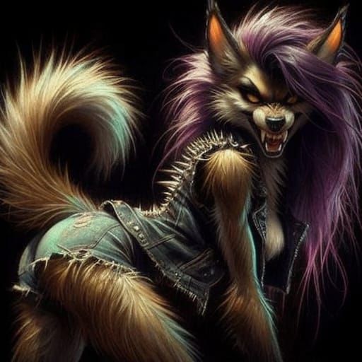 Sublime Dark Fantasy She-Wolf in Oil-Pastel Style