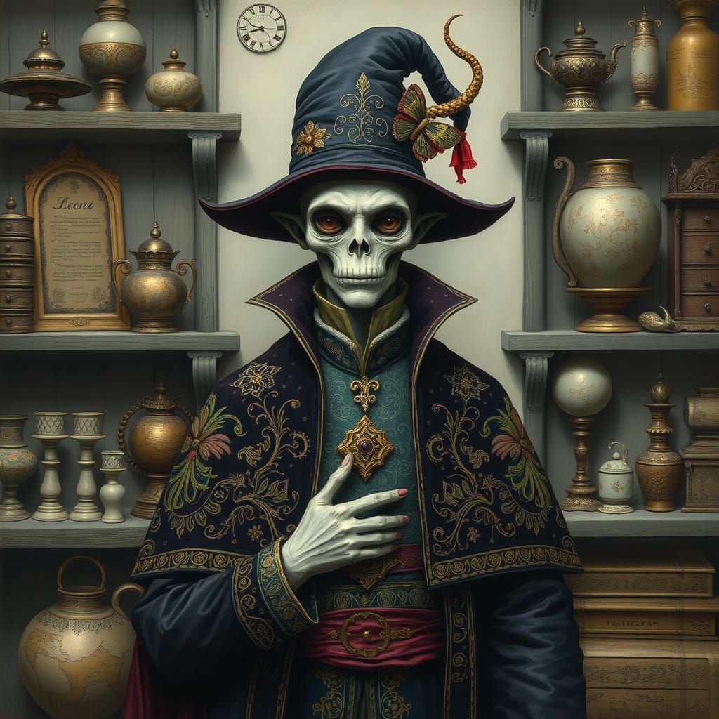 Mysterious Figure Surrounded by Artifacts in Fantasy Realism