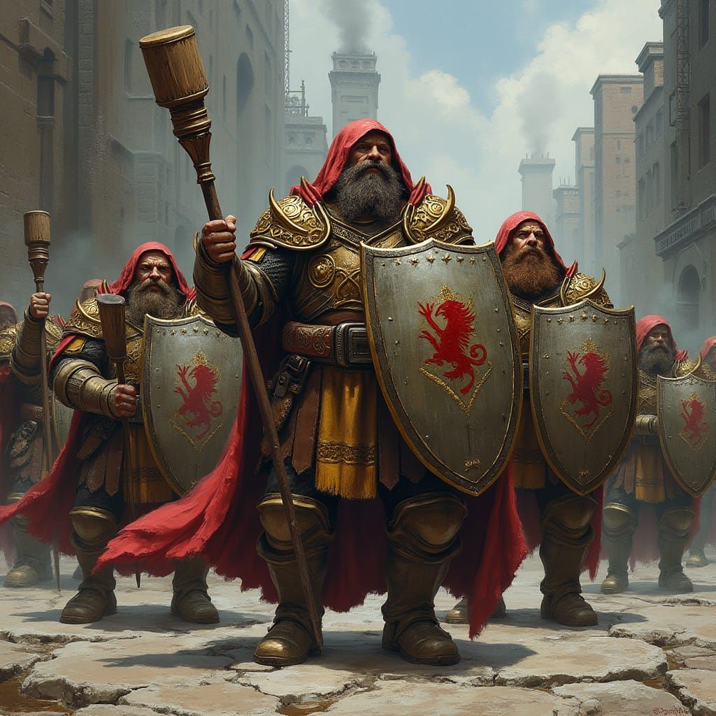 Dwarven Riot Police in Ornate Armor Stand Guard in Industria...